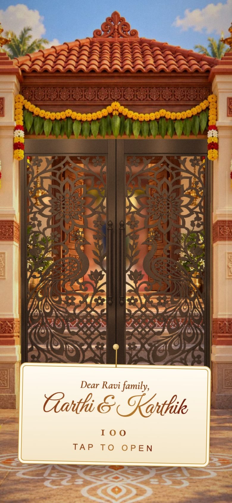 The steel gate of the Kalyana Payanam invitation, with the couple’s names on a hanging tag