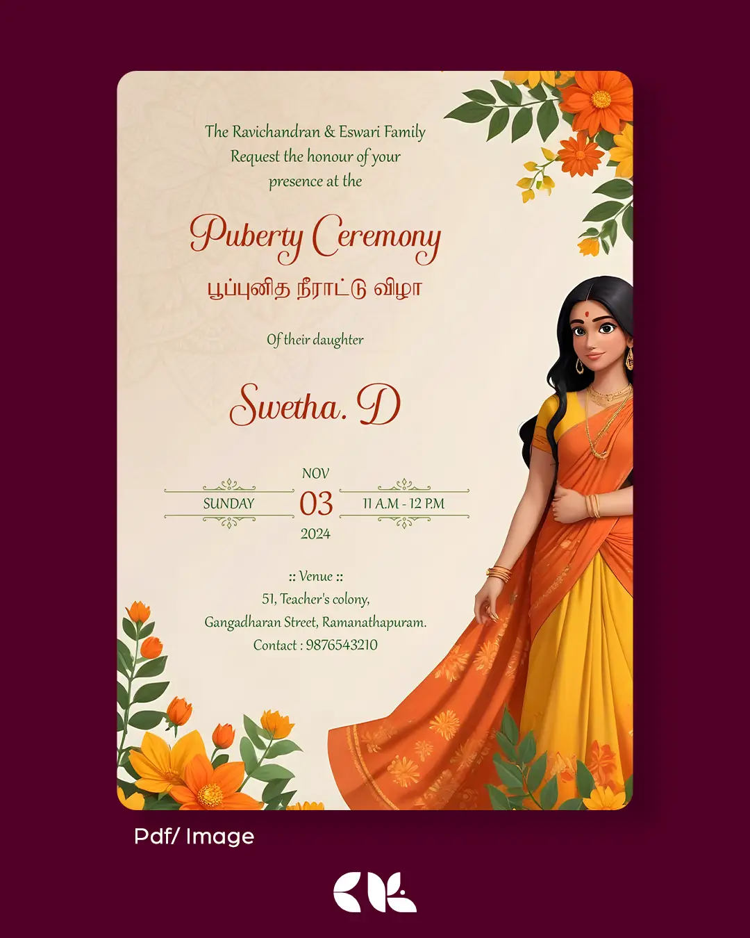 Puberty Ceremony / Half Saree Ceremony/ Manjal Neeratu Vizha Invitation