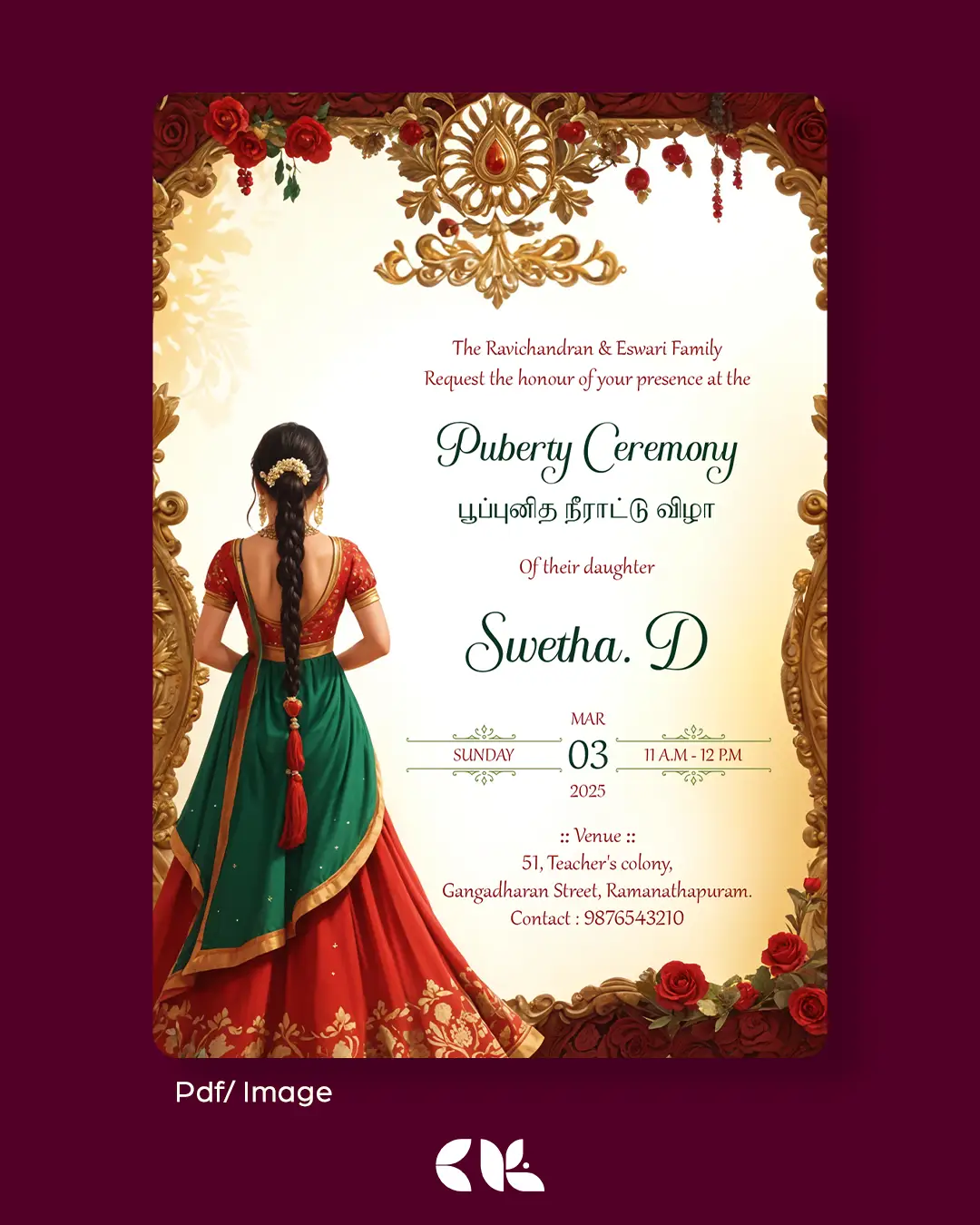 Puberty Ceremony / Half Saree Ceremony/ Manjal Neeratu Vizha Invitation 2