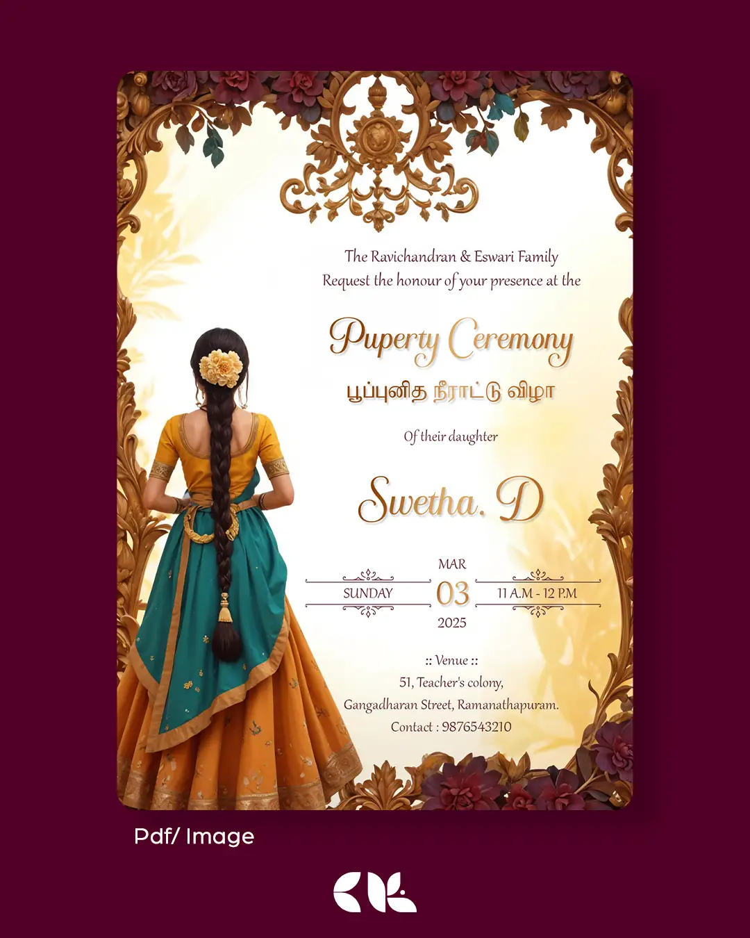 Puberty Ceremony / Half Saree Ceremony/ Manjal Neeratu Vizha Invitation 3