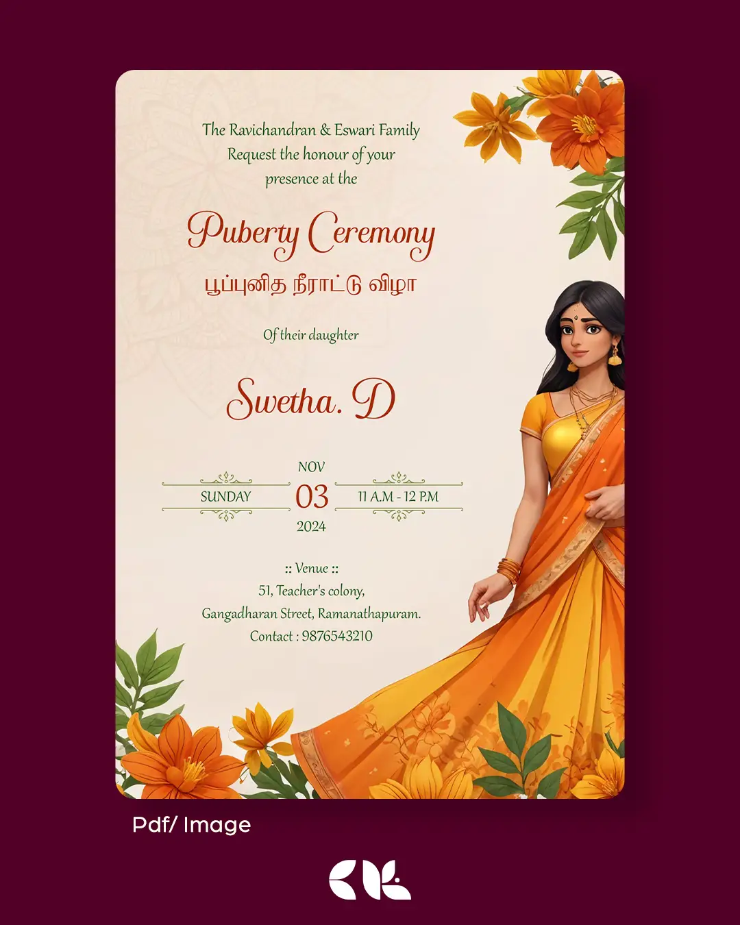 Puberty Ceremony / Half Saree Ceremony/ Manjal Neeratu Vizha Invitation 4