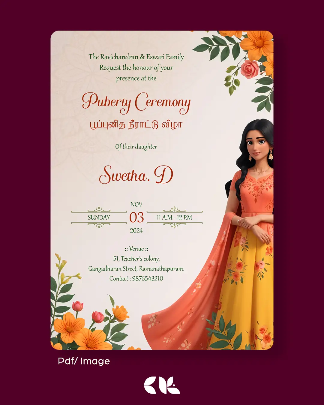 Puberty Ceremony / Half Saree Ceremony/ Manjal Neeratu Vizha Invitation 5