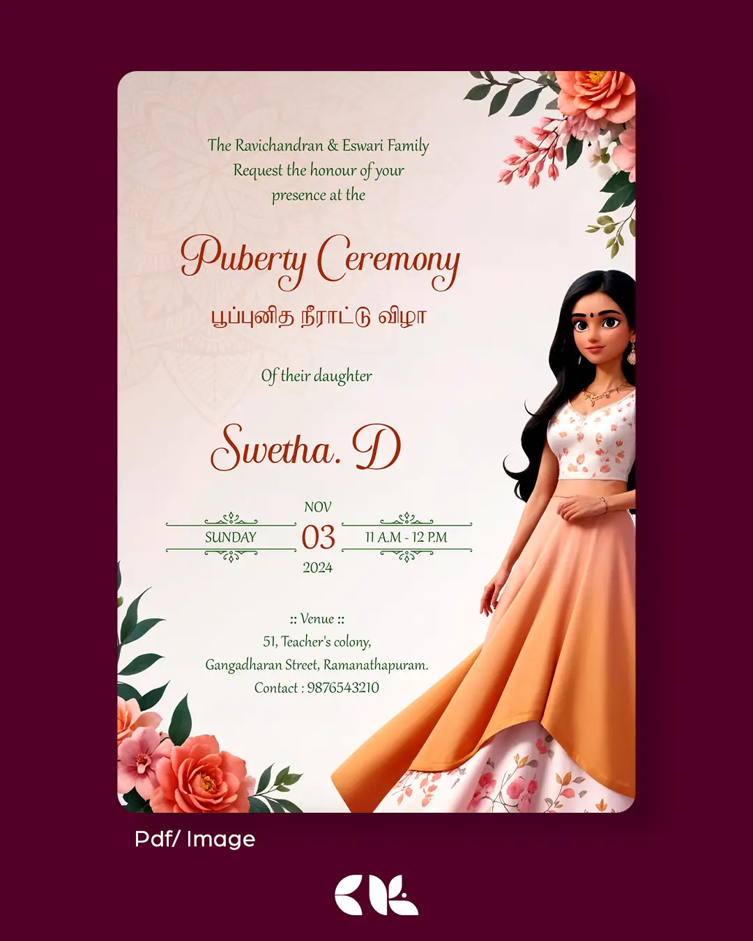 Puberty Ceremony / Half Saree Ceremony/ Manjal Neeratu Vizha Invitation 6