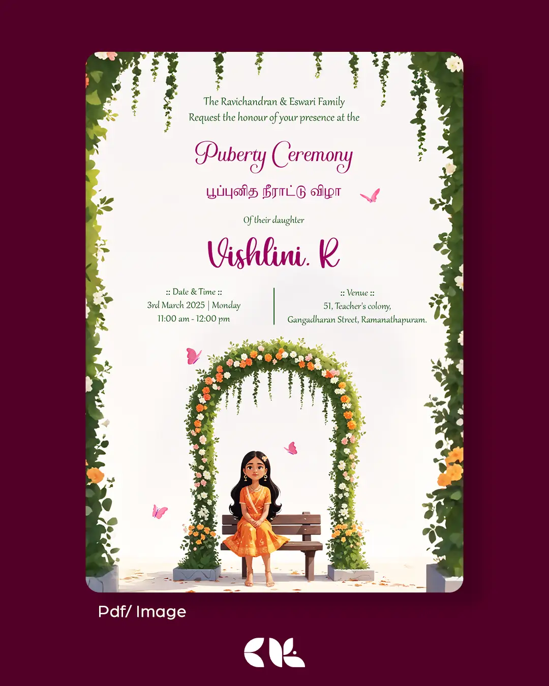 Puberty Ceremony / Half Saree Ceremony/ Manjal Neeratu Vizha Invitation 7