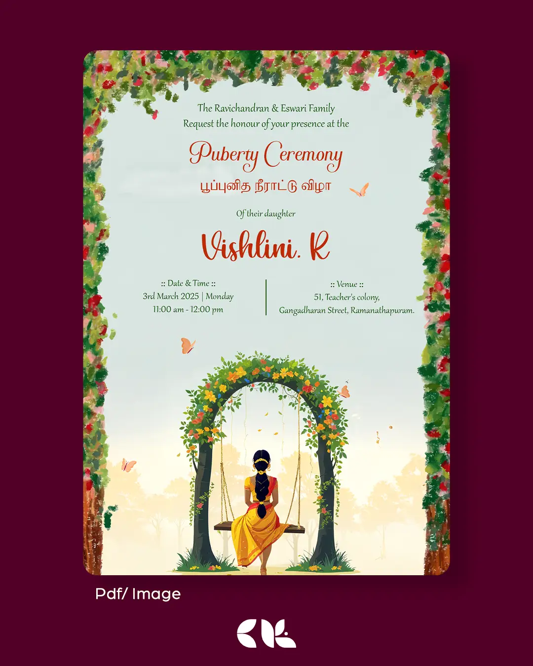 Puberty Ceremony / Half Saree Ceremony/ Manjal Neeratu Vizha Invitation 8