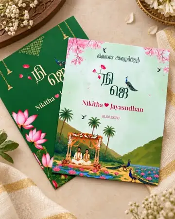 Green and pink printed wedding card with peacocks