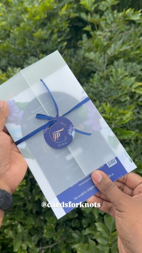 Vellum jacket navy ribbon card
