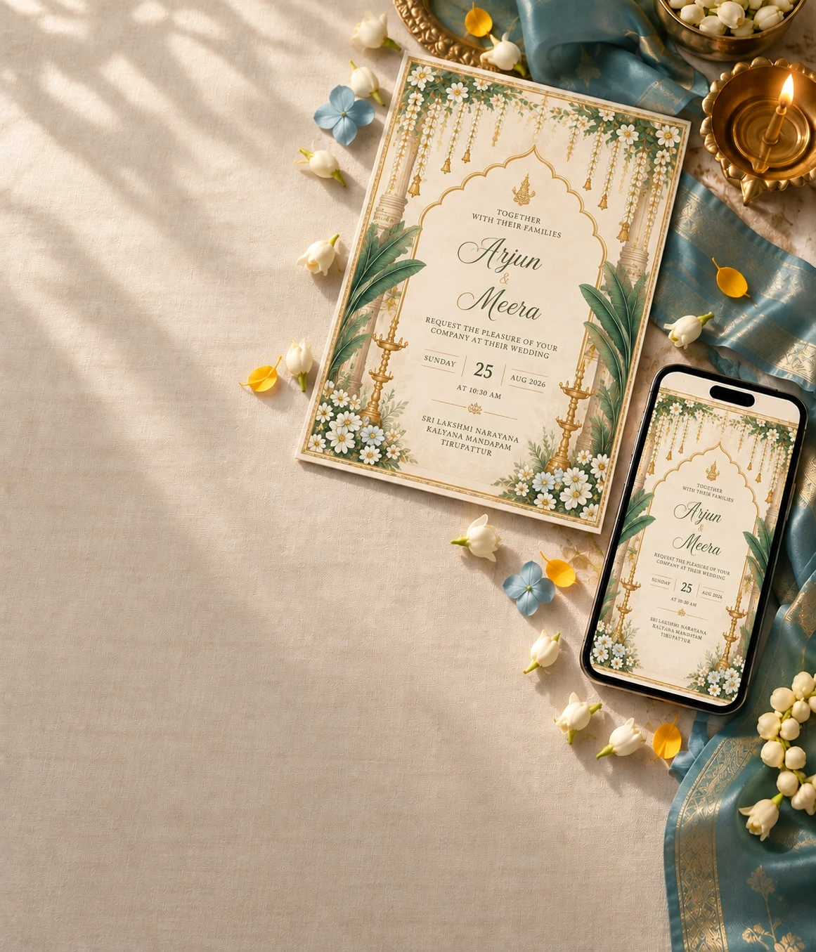 A printed wedding invitation and the same design as a digital e-invite on a phone, with jasmine and a brass lamp