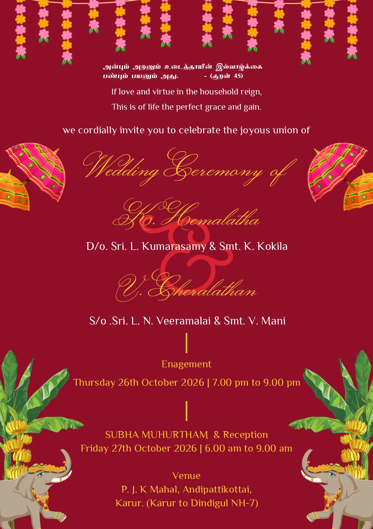 Maroon Parasol & Elephant Wedding Invitation