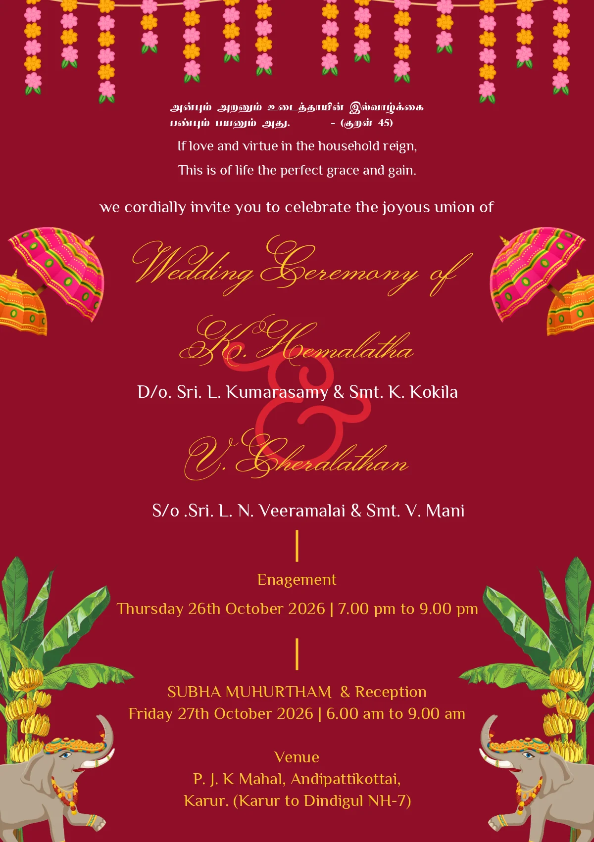 Maroon Parasol & Elephant Wedding Invitation